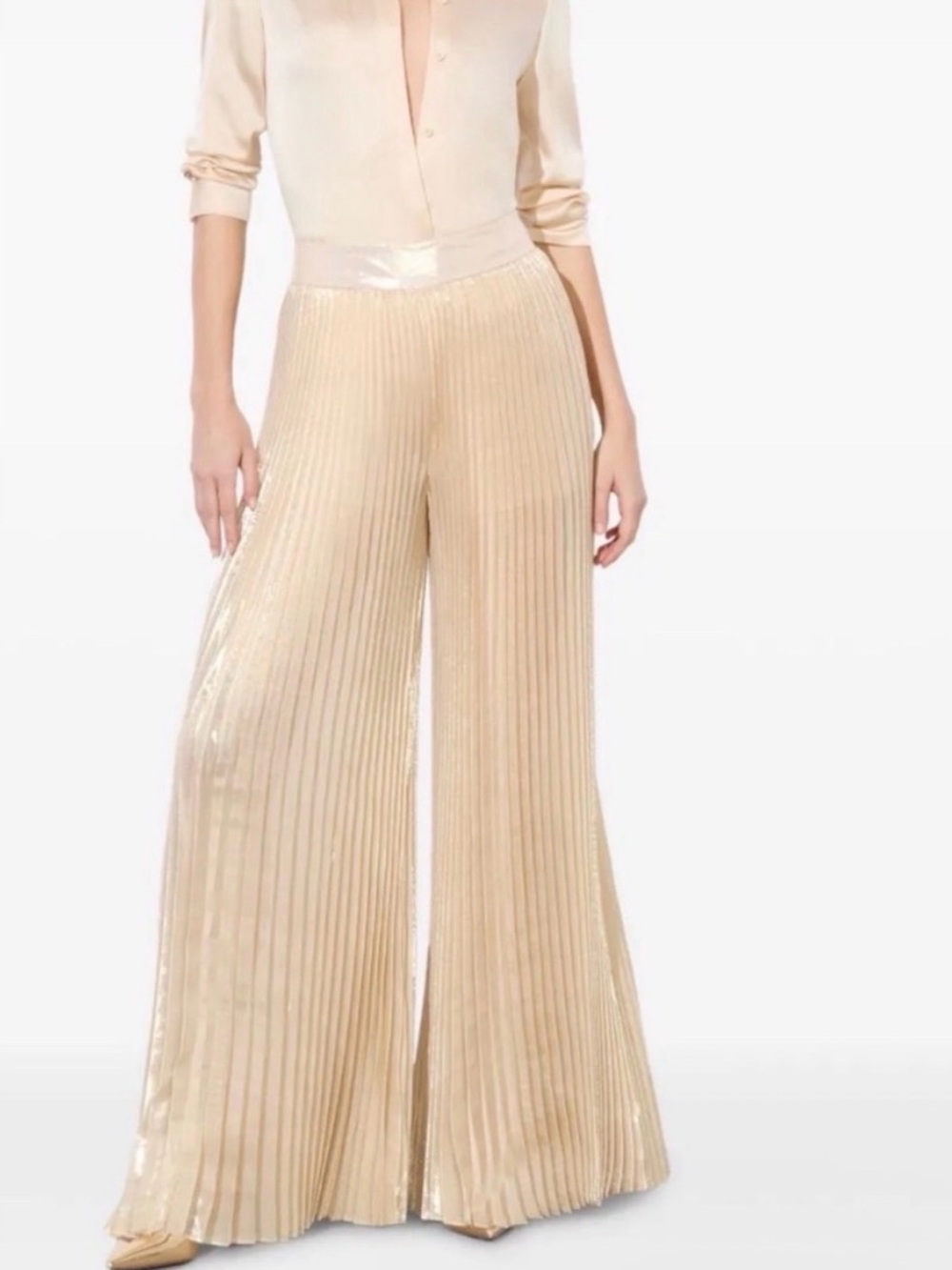 Alice + Olivia Metallic Cream Pleated Wide-Leg Pants